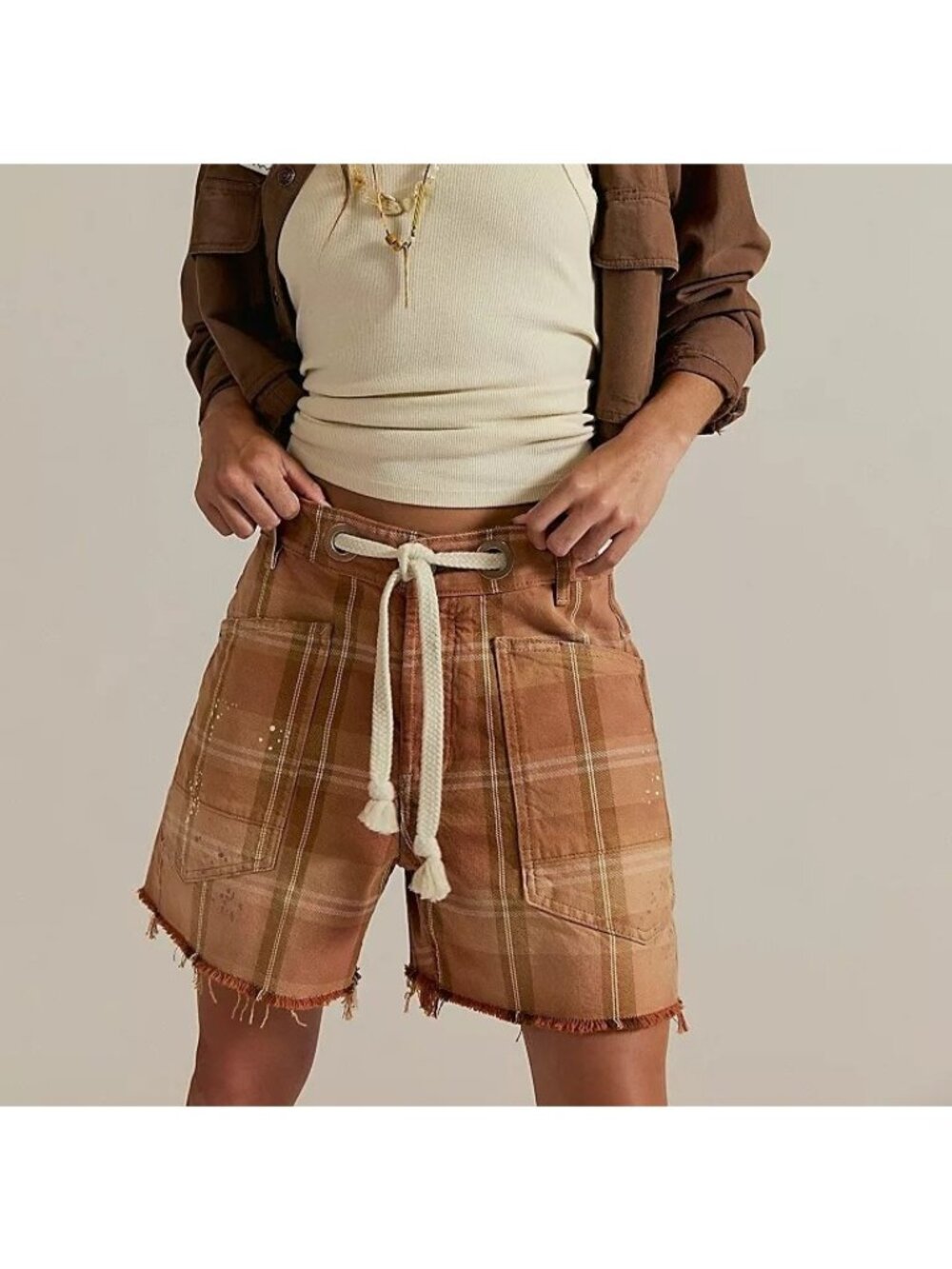 Free People We The Free Moxie Barrel Jean Shorts Festival Plaid Grunge Womens 25